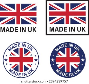 Set of Made in UK seal, product tag label sign. Made In UK stamp sticker. flat style.