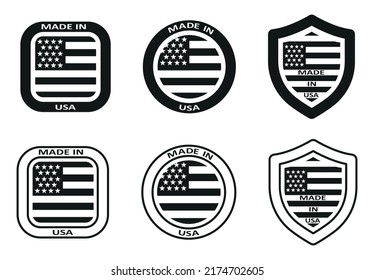 Set of made in us icon. Made in us label, quality american stamp. Us flag, american product logo, shields, circles, squares. Label flag manufactured america. Vector.