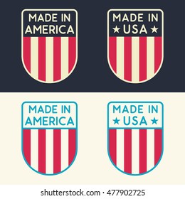 Set made in USA and America. Flat vector icon, badge, logo, symbol, mark design illustration on dark and white background. 