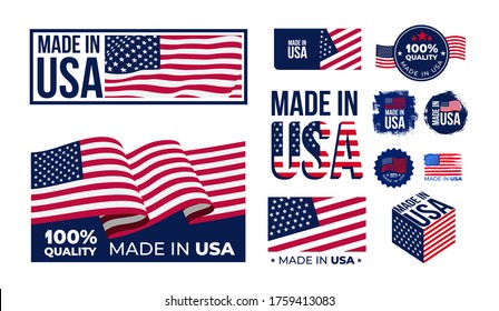 Set of Made in USA badges. Patriot proud label stamp, American flag and national independence day 4th july badges. Vector illustration. Isolated on white background.