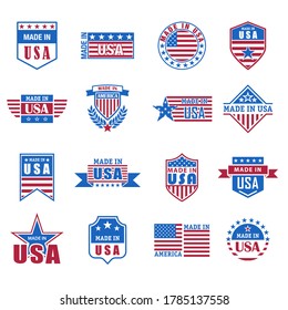 Set of made in USA icon with flag and stars. American mark or United states of America badge. Sticker of quality template. Emblem and logo for product. Patriotism seal. Crest or sign, insignia or tag