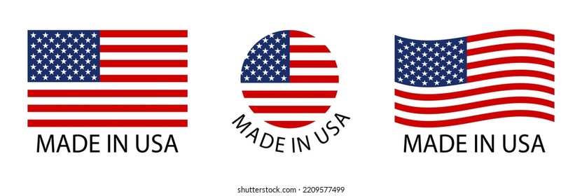 Conjunto de productos fabricados en las etiquetas de los estados unidos, bandera de los estados unidos, emblema del producto y logotipo americano