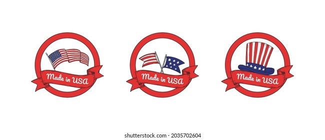 Set of made is USA labels with hand drawn elements. Vector illustration