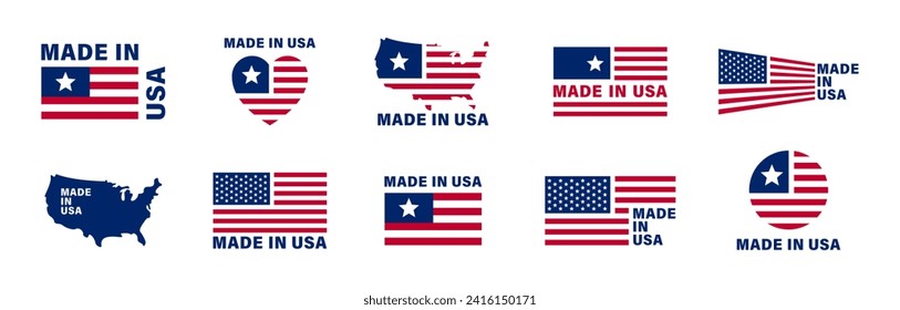 Set of made in the USA labels. Made in the usa logo. American product labels. Made in USA. Production stickers