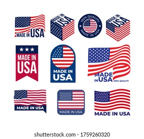 Conjunto de logotipo y etiqueta de Made in USA. Icono estadounidense con banderas de los Estados Unidos de América para el envasado de productos. Ilustración vectorial. Aislado sobre fondo blanco.
