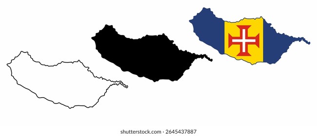 Set of Madeira Island maps in three styles: outline, black silhouette, and national flag fill. Ideal for infographics, education, editorial, tourism-related designs. Isolated on white background.