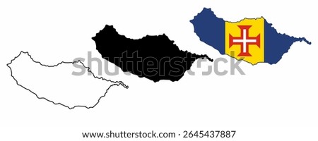 Set of Madeira Island maps in three styles: outline, black silhouette, and national flag fill. Ideal for infographics, education, editorial, tourism-related designs. Isolated on white background.