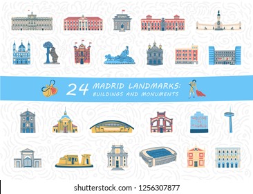 Set of Madrid city most famous buildings and monuments. Colorful spanish landmarks flat cliparts. Collection of isolated vector illustrations.