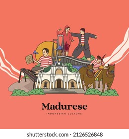 Set Madura Illustration. Hand drawn Indonesian cultures background