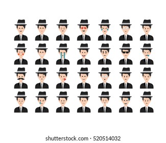 Set of mafia emoticon vector isolated on white background. Emoji vector. Smile icon collection. Emoticon icon web. Simple flat cartoon style. Faces avatars. 