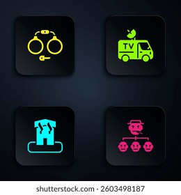 Set Mafia, Handcuffs, Arson home and TV News car. Black square button. Vector