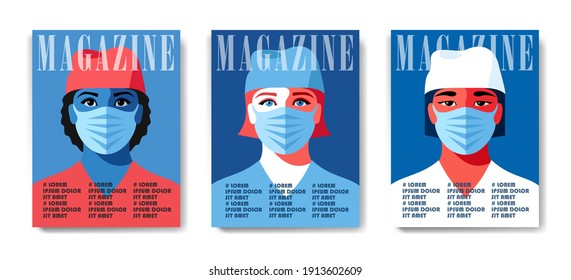 Set of magazine cover designs, coronavirus pandemic concept. African, European and Asian women as doctors or nurses, in medical dresses and face masks. Vector illustration