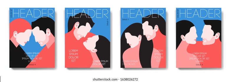 Set of magazine cover designs. Romantic concept, couple in love. Portraits of two lovers, man and woman, face to face. Vector illustration