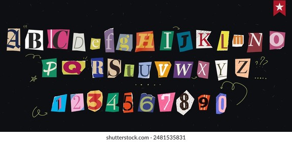 Set of magazine cutout alphabet font. Cut letter. Typography type from newspaper. Pop art clipping word and numbers. Vector crime grunge illustration with ripped and torn elements. 