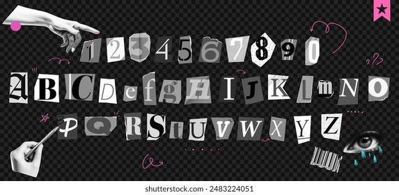 Set of magazine cutout alphabet font. Cut letter with numbers. Typography type from newspaper. Pop art clipping word. Vector crime grunge illustration with ripped and torn elements. 