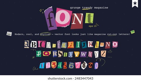 Set of magazine cutout alphabet font. Cut letter. Typography type from newspaper. Pop art clipping word. Vector crime grunge illustration with ripped and torn elements. 