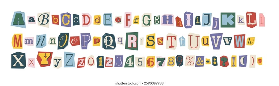 Set of magazine cutout alphabet font. Cut letter and numbers. Typography type from newspaper. Pop art clipping word. Vector crime grunge illustration with ripped and torn elements.