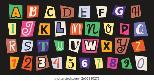 Set of magazine cutout alphabet font. Cut letter. Typography type from newspaper. Vector