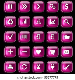 Set of magenta glossy buttons for web design on black background