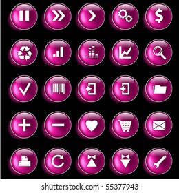 Set of magenta glossy buttons for web design on black background