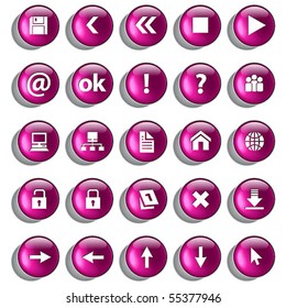 Set of magenta glossy buttons for web design on white background