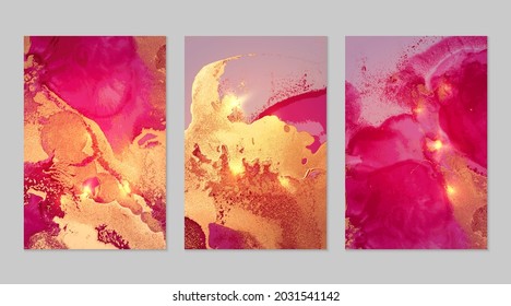 Set of magenta and gold abstract marble texture backgrounds. Luxury wallpaper with paint splashes and color waves. Modern liquid art illustration for flyer, brochure design with shining glitter.