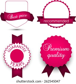 Set of magenta ribbons and award badges. Vector illustration. 