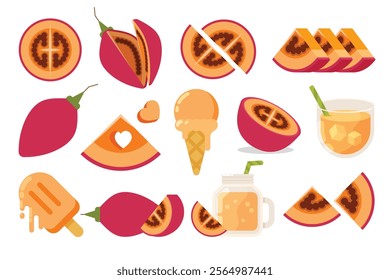 Set of magenta Tamarillo, Farm fresh Tamarillo product emblem for grocery shop, collection of ice cream, Juice jar, glass of juice, ice cream cone and stick, simple flat vector illustration of fruits.