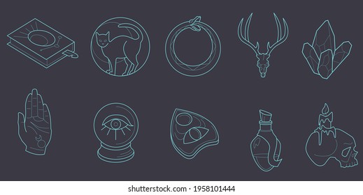 Set of magic and alchemy icons. It contains such Icons as magician items, mystic, esoteric and occult symbols, element freemasonry, fantasy sign, ouija board, ouroboros, witchcraft book,  mystic hand.