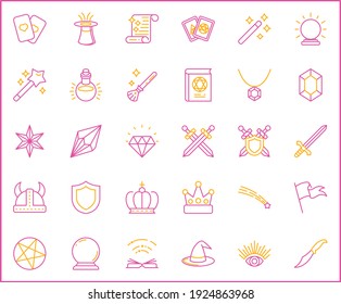 Set of magic and alchemy icons line style. It contains such Icons as storybook, fairy tale, fantasy, witch, wizardry, enchantment and other elements. customize color, easy resize.