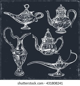 Set of Magic arabic lamp for holy month of muslim community, Ramadan Kareem celebration. Sketch Old style oil lamp. Vector isolated illustration.
