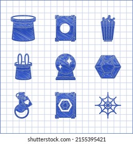 Set Magic ball, Ancient magic book, Spider web, stone, Bottle with love potion, Magician hat and rabbit ears, Popcorn in box and  icon. Vector
