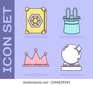 Fijar bola mágica, libro de magia antigua, sombrero de corona y mago y orejas de conejo. Vector