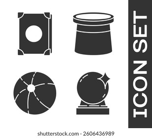 Set Magic ball, Ancient magic book, Beach ball and Magician hat icon. Vector
