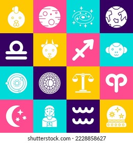 Set Magic ball, Aries zodiac, Monkey, Milky way spiral galaxy, Libra, Rooster and Sagittarius icon. Vector