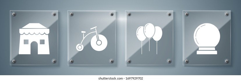 Fije la bola mágica, los globos con cinta, la bicicleta de época con una gran rueda y una pequeña carpa de circo. Paneles de vidrio cuadrado. Vector
