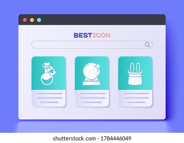 Set Magic ball, Bottle with love potion and Magician hat and rabbit ears icon. Vector