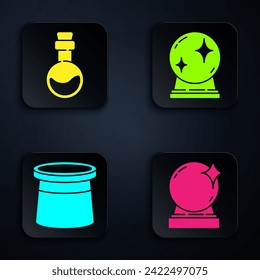 Juego bola mágica, botella con poción de amor, sombrero mago y bola mágica. Botón cuadrado negro. Vector