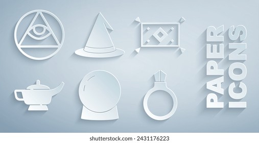Set Magic ball, carpet, lamp or Aladdin, stone ring with gem, Witch hat and Masons icon. Vector