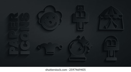 Set Magic ball, Circus tent, Jester hat with bells, Attraction carousel,  and Clown head icon. Vector