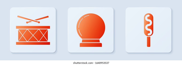 Set Magic ball, Drum with drum sticks and Corn dog. White square button. Vector