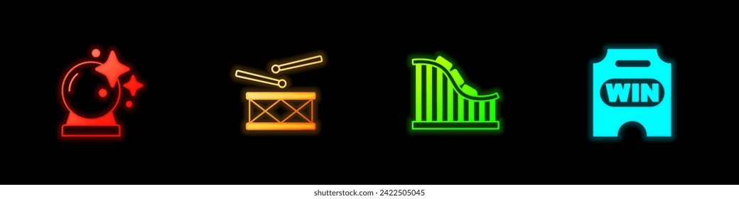 Fijar bola mágica, tambor con palos de tambor, montaña rusa y icono de la entrada Circus. Vector