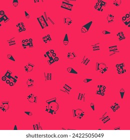 Set Magic ball, Drum with drum sticks, Toy train and Ice cream waffle cone on seamless pattern. Vector