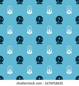 Set Magic ball  and Funny and scary ghost mask for Halloween  on seamless pattern. Vector