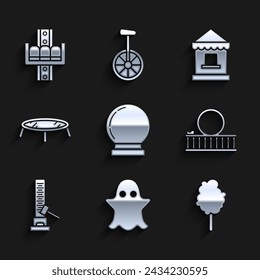 Set Magic ball, Ghost, Cotton candy, Roller coaster, High striker attraction with big hammer, Jumping trampoline, Ticket box office and Attraction carousel icon. Vector