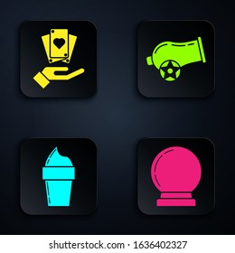 Set Magic ball, Hand holding playing cards, Ice cream in waffle cone and Cannon. Black square button. Vector