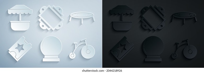 Set Magic ball, Jumping trampoline, Ticket, Vintage bicycle with one big wheel and one small,  and Attraction carousel icon. Vector