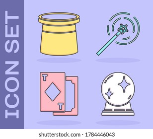Setzen Sie den Zauberball, den Zauberhut, Spielkarten und das Zauberstabsymbol. Vektorgrafik