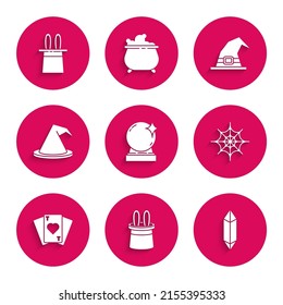 Set Magic ball, Magician hat and rabbit ears, stone, Spider web, Playing cards, Witch,  and  icon. Vector