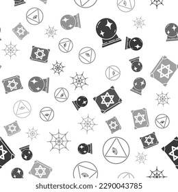 Set Magic ball, Masons, Ancient magic book and Spider web on seamless pattern. Vector